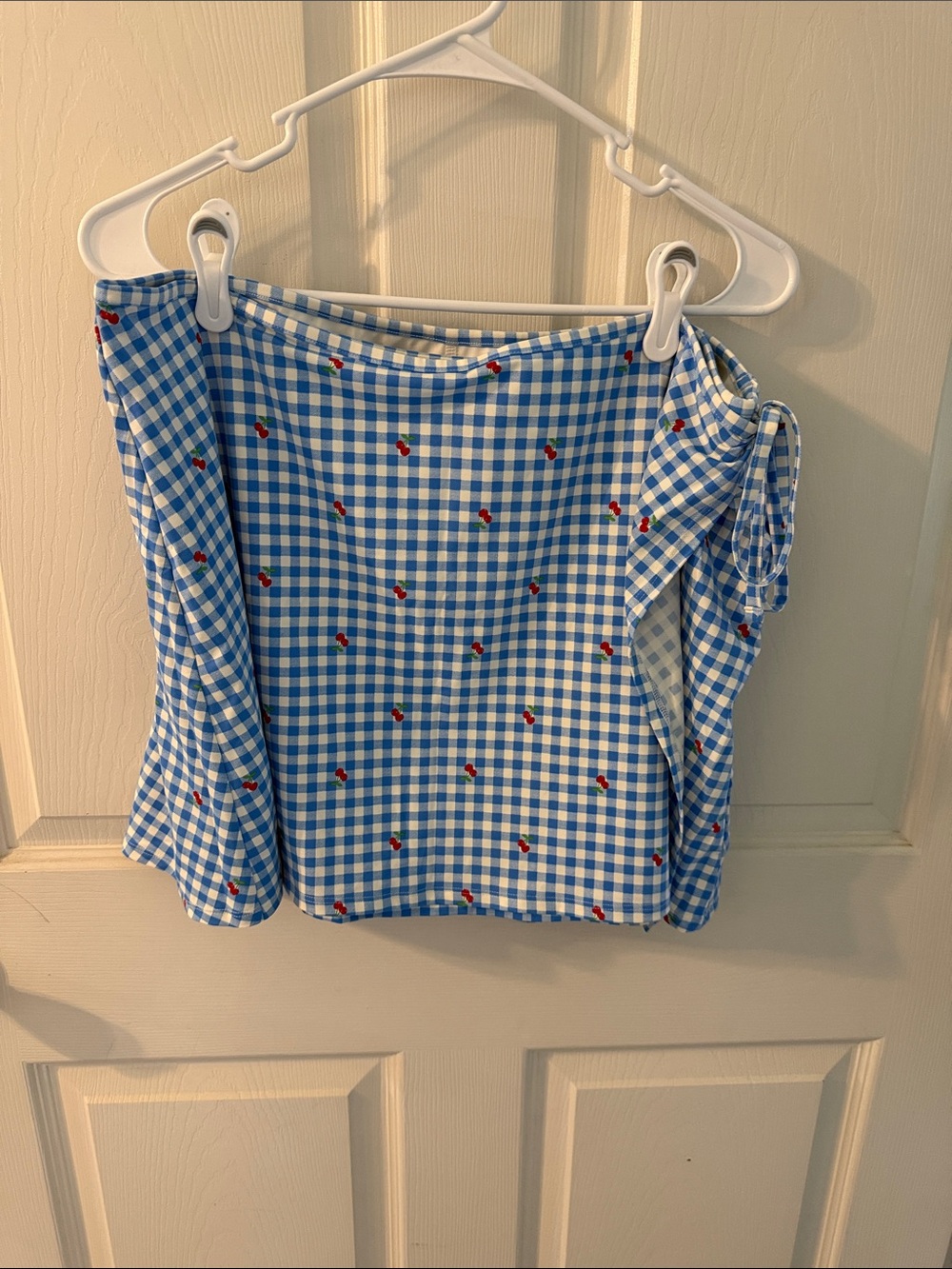 all in motion Blue and White Gingham Tank with Red Cherry Accents